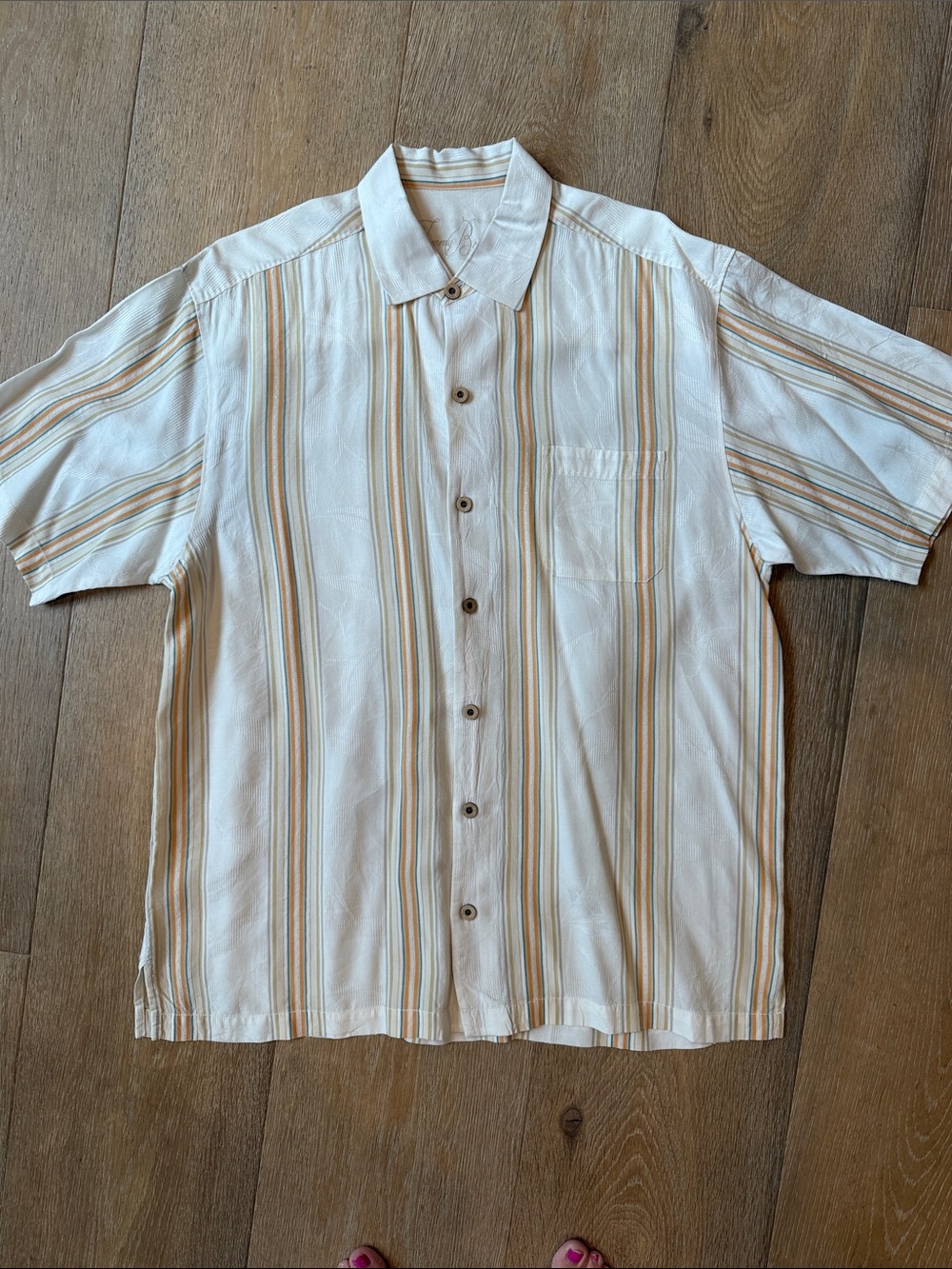 Tommy Bahama Casual Short-Sleeve Button-Up Shirt in Cream and Tan Stripes